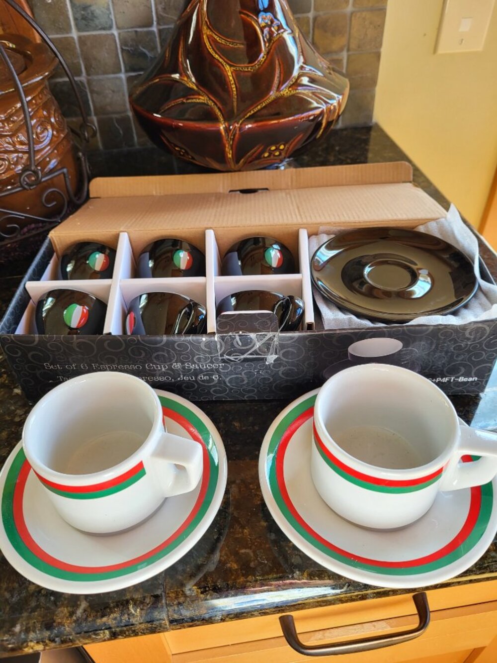 NIB 6 Sara Moka Espresso Cups/Saucers PLUS NWOT 2 Cappuccino cups and saucers